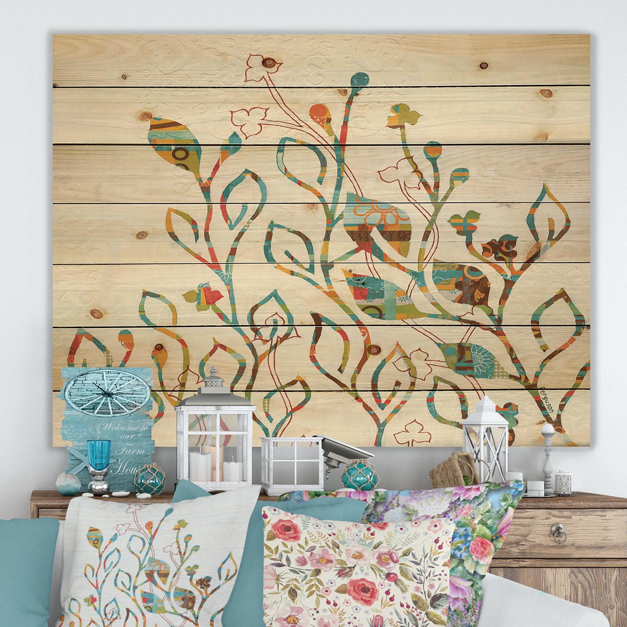Designart 'Rainbow Coloured Flowers and Vines' Cabin & Lodge Print on Natural Pine Wood