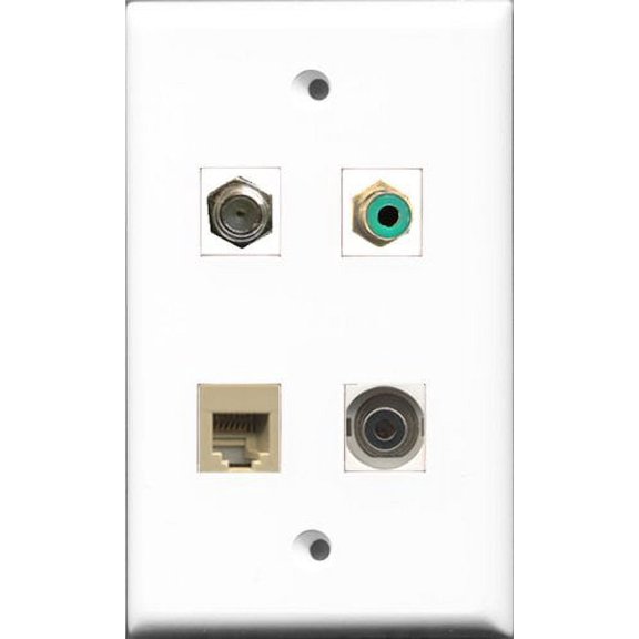 RiteAV 1 Port RCA Green and 1 Port Coax Cable TV- F-Type and 1 Port Phone RJ11 RJ12 Beige and 1 Port 3.5mm Wall Plate