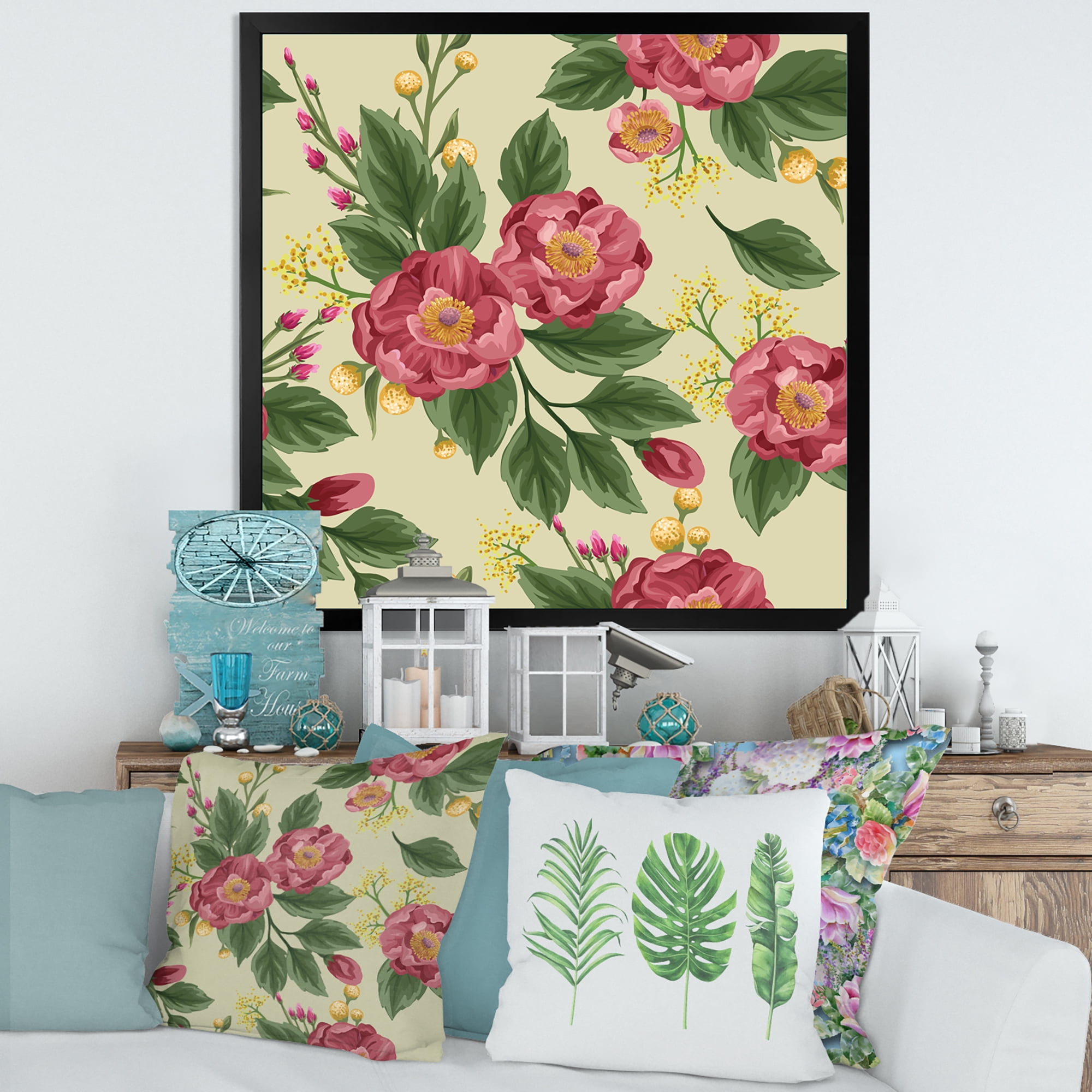 Designart 'Vintage Sweet Peas and Peonies On Beige' Traditional Framed Art Print