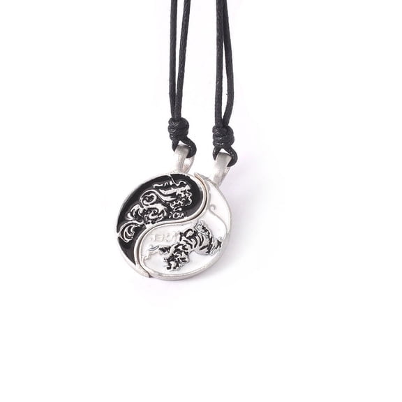 Glamorous Dragon Ying Yang Silver Pewter Charm Necklace Pendant Jewelry With Cotton Cord