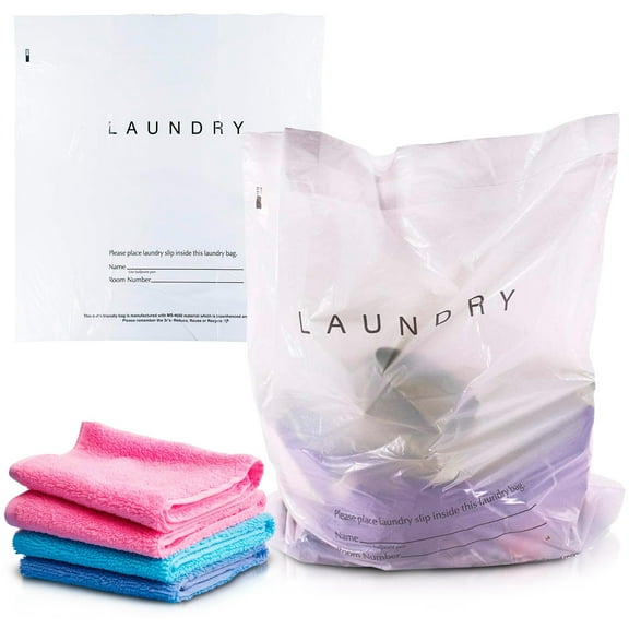 White Disposable Travel Laundry Bags, Plastic Drawstring, 1000 Count, 18 x 19 x 4 in