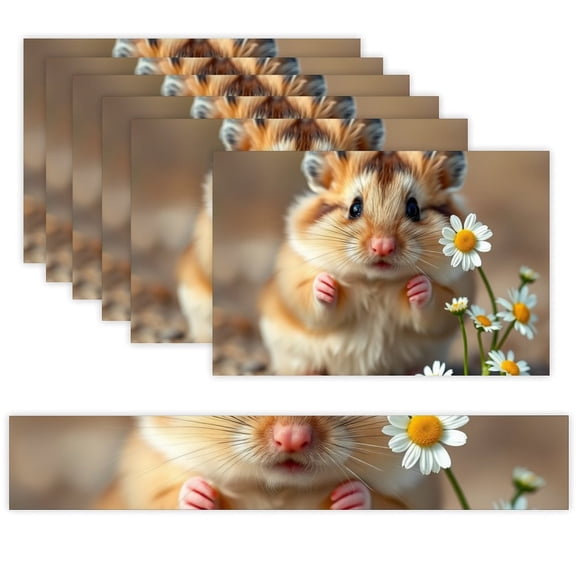7 Piece Linen Table Runner and Placemats Set, Kitten Daisy Flowers Round Corner Heat Resistant Washable Table Mats for Home Kitchen Dining Party Decoration