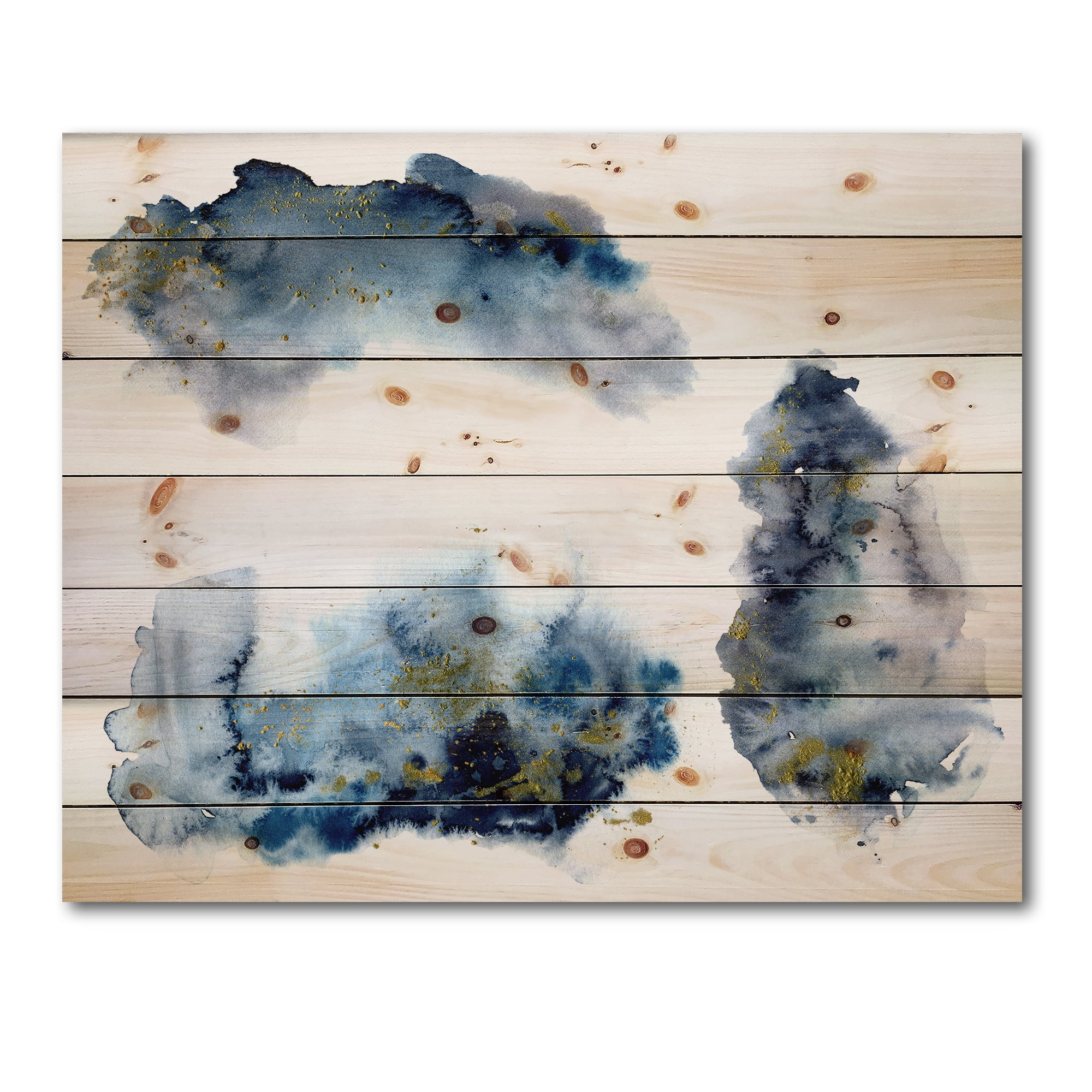 Designart 'Gray and Blue Clouds With Golden Glitter' Modern Print on Natural Pine Wood