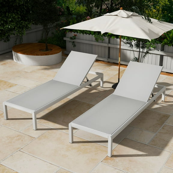 Christopher Knight Home Modern Outdoor Aluminum Chaise Lounges, 4-Position Reclining, Textilene, White Grey, Set of 2