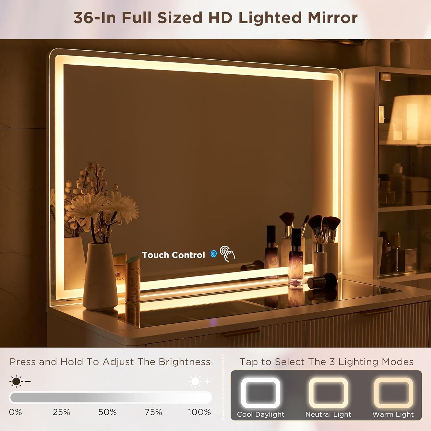 OKD Makeup Vanity Table with Lighted and Mirror, Glass Top Vanity Desk with 5 Drawers & Charging Station for Bedroom,White