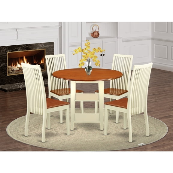 5 Piece Dining Set - Round Table & 4 Chairs - Oak Finish - Modern Dinette Set for Kitchen or Dining Room