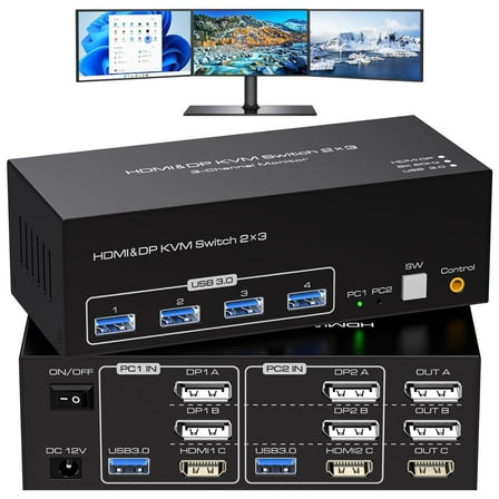 8K@60Hz HDMI 2 Displayport KVM Switch 3 Monitors 2 Computers 4K@120Hz USB 3.0 DP KVM Swtiches Triple Monitor 2 Port for 2 PC Share 1 Set of Keyboard Mouse Printer Hard Disk Etc Support Extended Mode