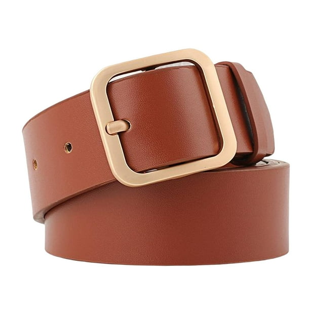 Cinturón de mujer con hebilla dorada, cinturón vintage de piel sintética, cinturón ajustable para mujer. Marrón claro
