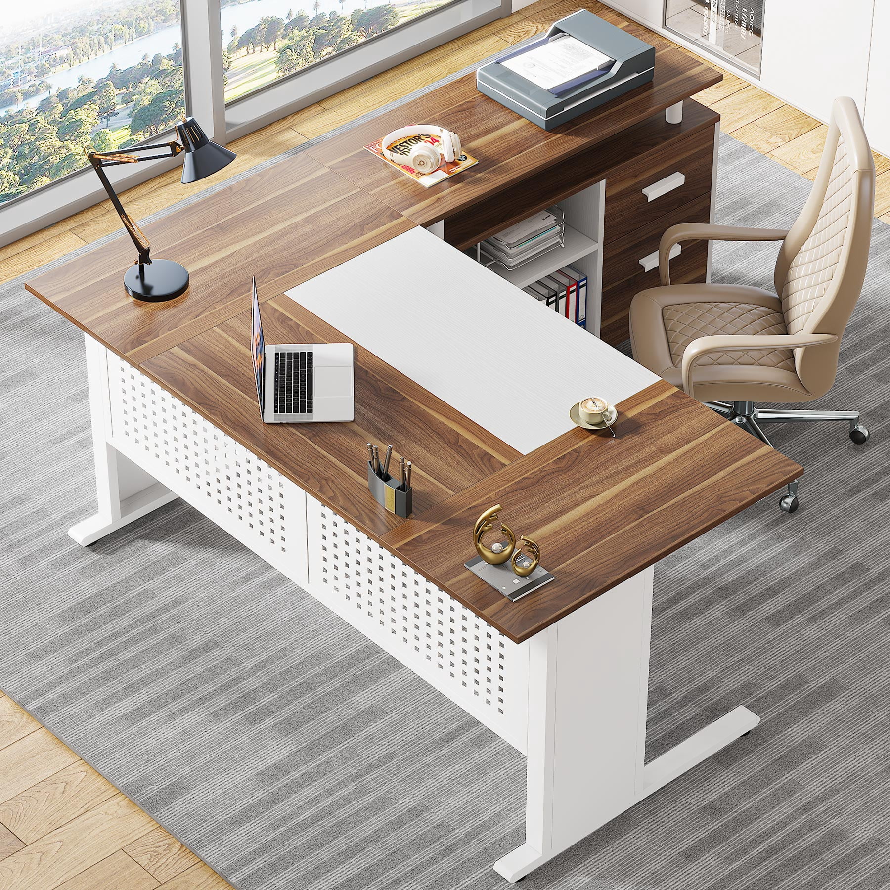 Tribesigns 63 Inch Executive Desk with File Cabinet, L Shaped Computer Desk with Drawers and Storage Shelves, Large Office Desk Business Furniture Desk Workstation for Home Office, Walnut and White