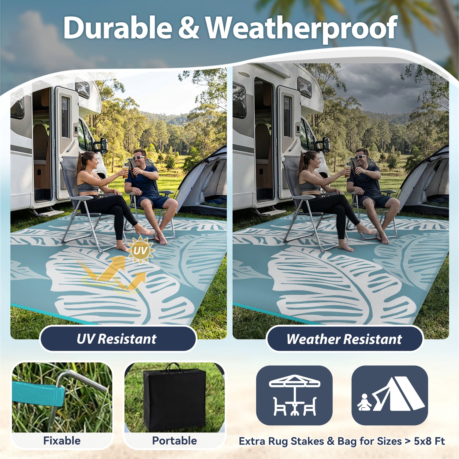 VUNATE Outdoor Rug Carpet 6'x9' Waterproof Reversible Patio Rug Portable Indoor Outdoor Rug Plastic Straw Rug for Beach RV Camping Garden Picnic Deck Backyard Tropical Porch Decor Blue and White