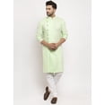 thumbnail image 1 of eloria Men's Lime Green Solid Angrakha Thread Work Kurta With Churidar Pyjama, 1 of 6