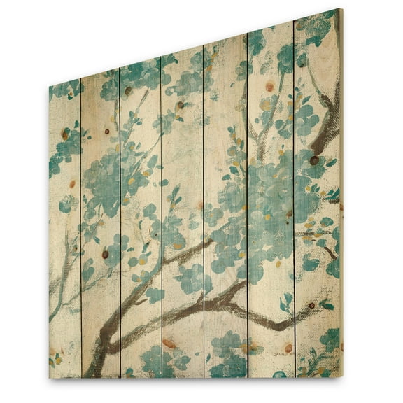 Designart 'Teal Colored Cherry Blossoms I' Traditional Floral Print on Natural Pine Wood