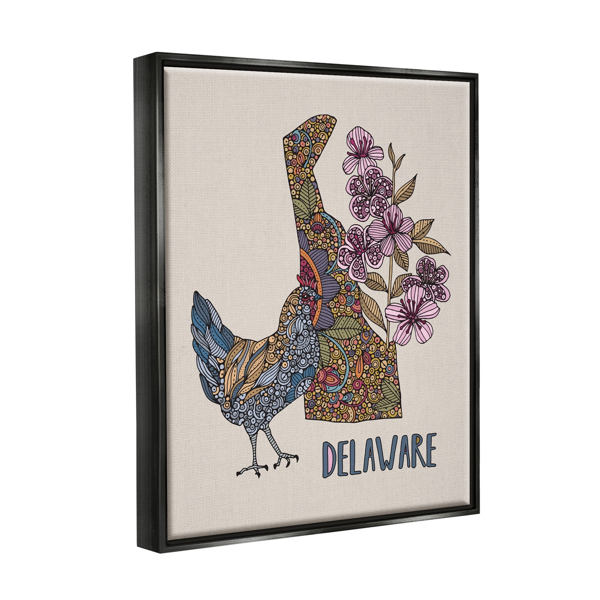 Stupell Industries Delaware Blue Hen State Flower Intricate Blossoms Graphic Art Jet Black Floating Framed Canvas Print Wall Art, Design by Valentina Harper