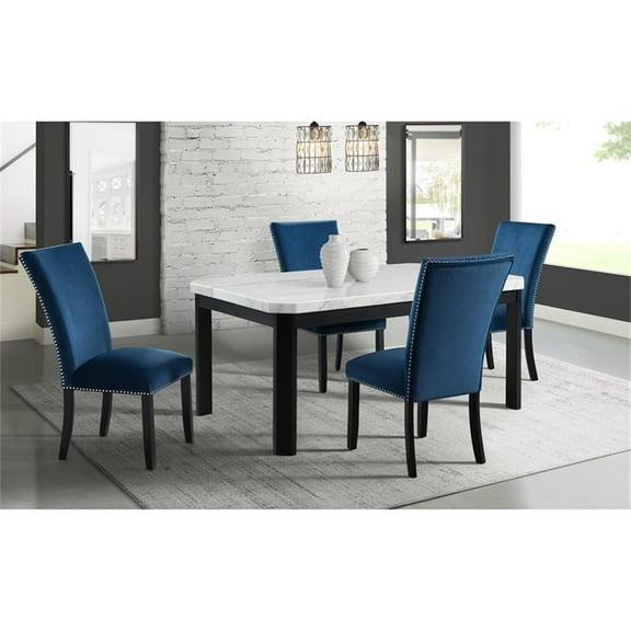 Pemberly Row White Marble 5PC Standard Dining Set with Blue Chairs