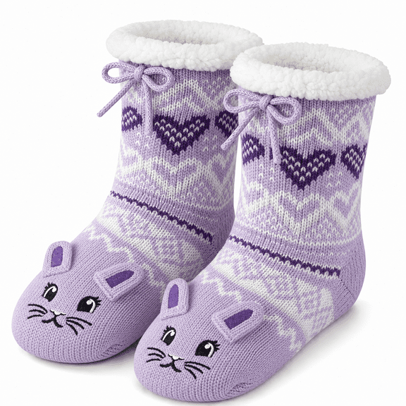 Girls Cabin Socks, Soft Sole Sweater Knit with Non-Slip Silicone Grippers, PURPLE, S/M