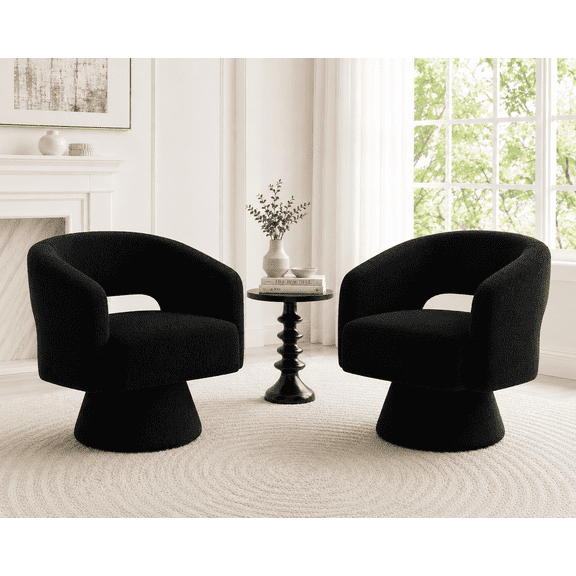 CRERIYO 360° Swivel Barrel Accent Chairs Set of 2, Oversized Soft Teddy Velvet Armchairs for Living Room and Bedroom, Black