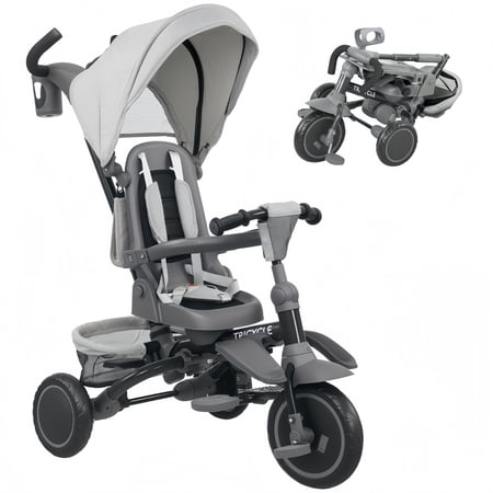 6 in 1 Kids Tricycle with Adjustable Push Handle, Removable Canopy, Reversible Seat, for 1-5 Years, Gray