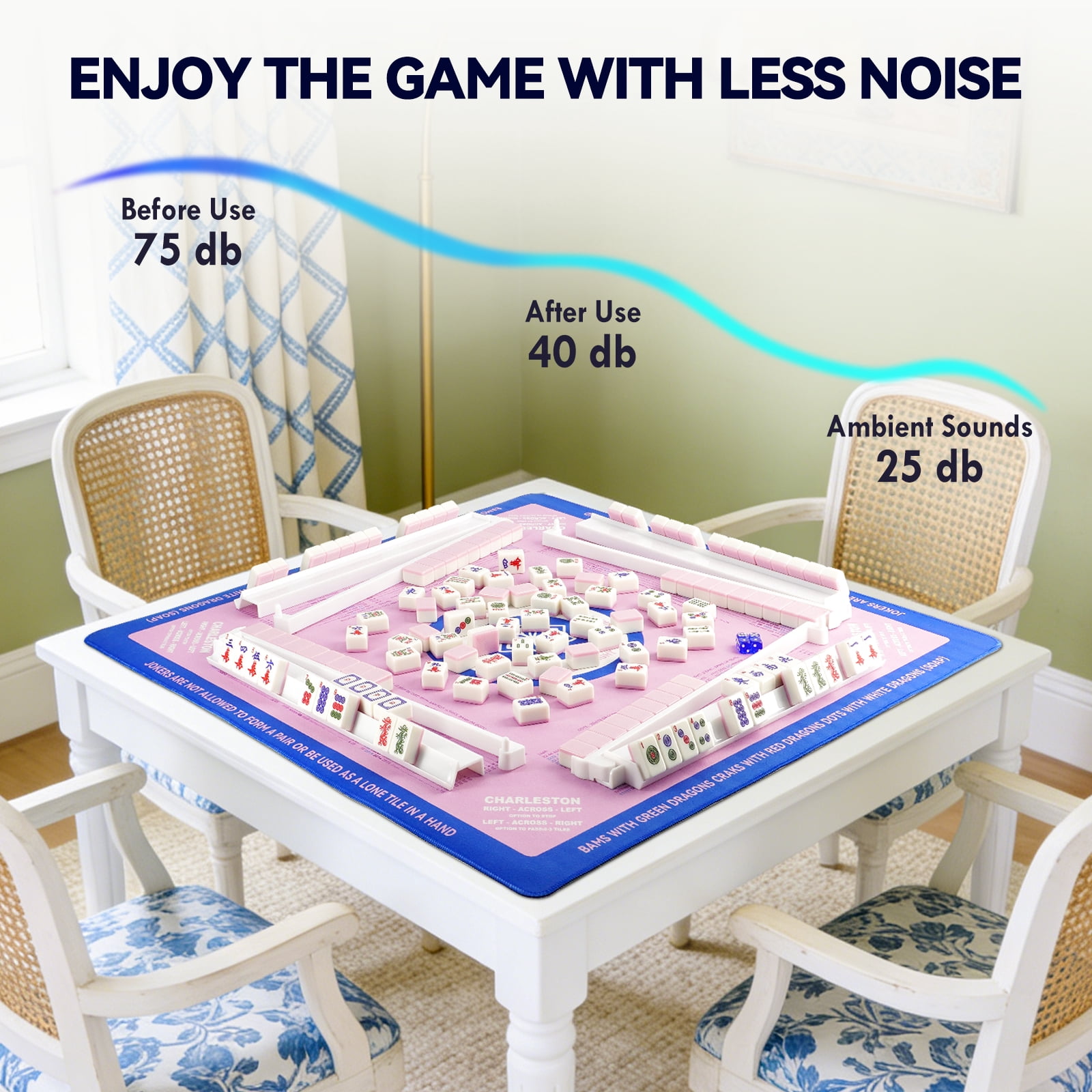 Classic Mahjong Game Mat | 32x32 Inch Non-Slip, Noise-Reducing Mat with Official Rules for Easy Learning | Portable Multi-Game Surface for Poker, Tiles, Dominoes & Cards (Pink & Blue)