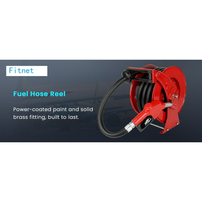 Fitnet Fuel Hose Reel Retractable with Fueling Nozzle 1 inch x 32' Spring Driven Diesel Hose Reel 300 PSI Industrial Auto Swivel Heavy Duty Steel