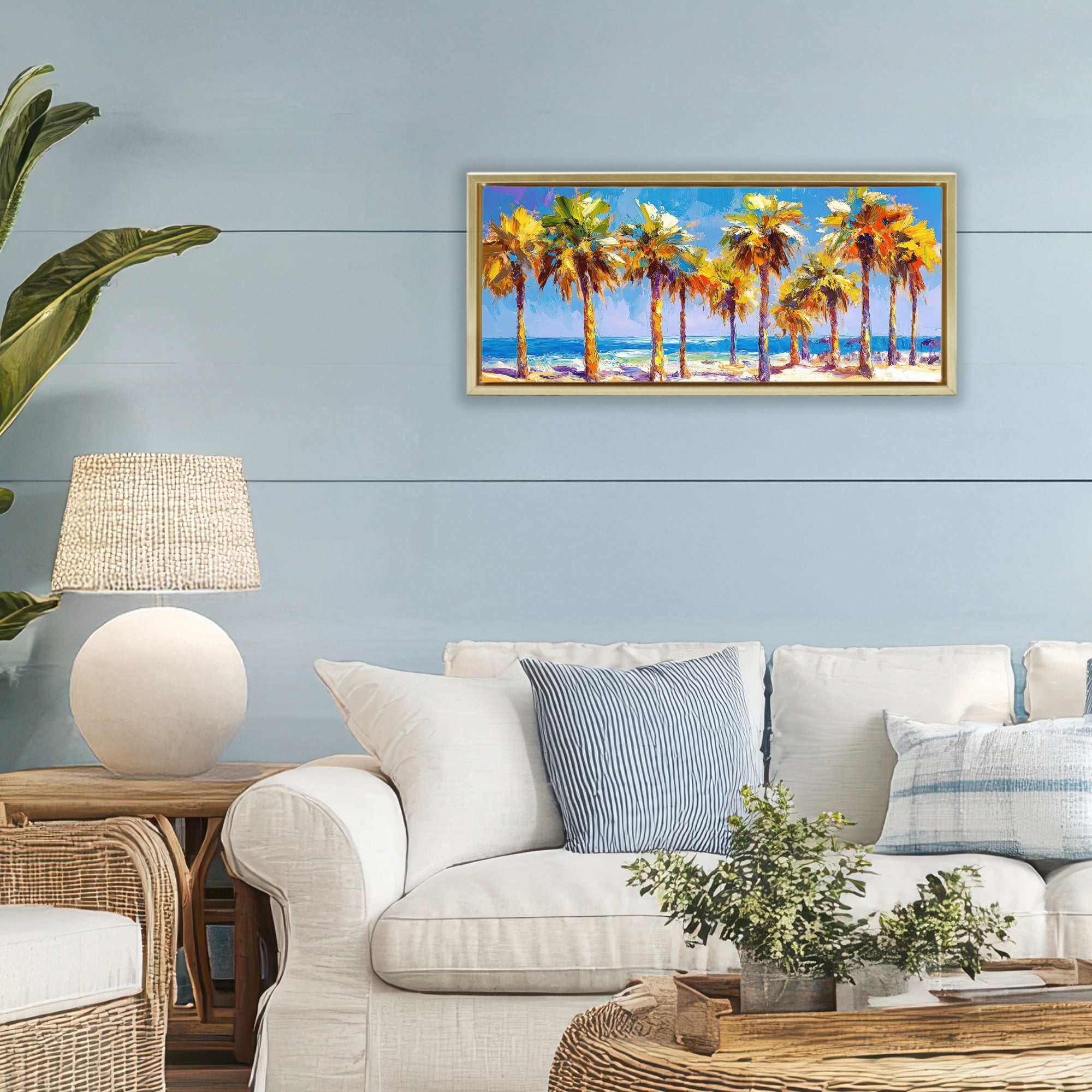 Stupell Industries Many Palm Trees on Beach Gold Framed Floater Canvas Wall Art, design by Petal Prints Design