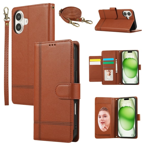 Allytechgroup Wallet Case for Apple iPhone 16e with Crossbody Strap Hand Wrist, Makeup Mirror Cards Slots Cash Pocket RFID Blocking Flip Stand Slim Case Cover for iPhone 16e, Brown