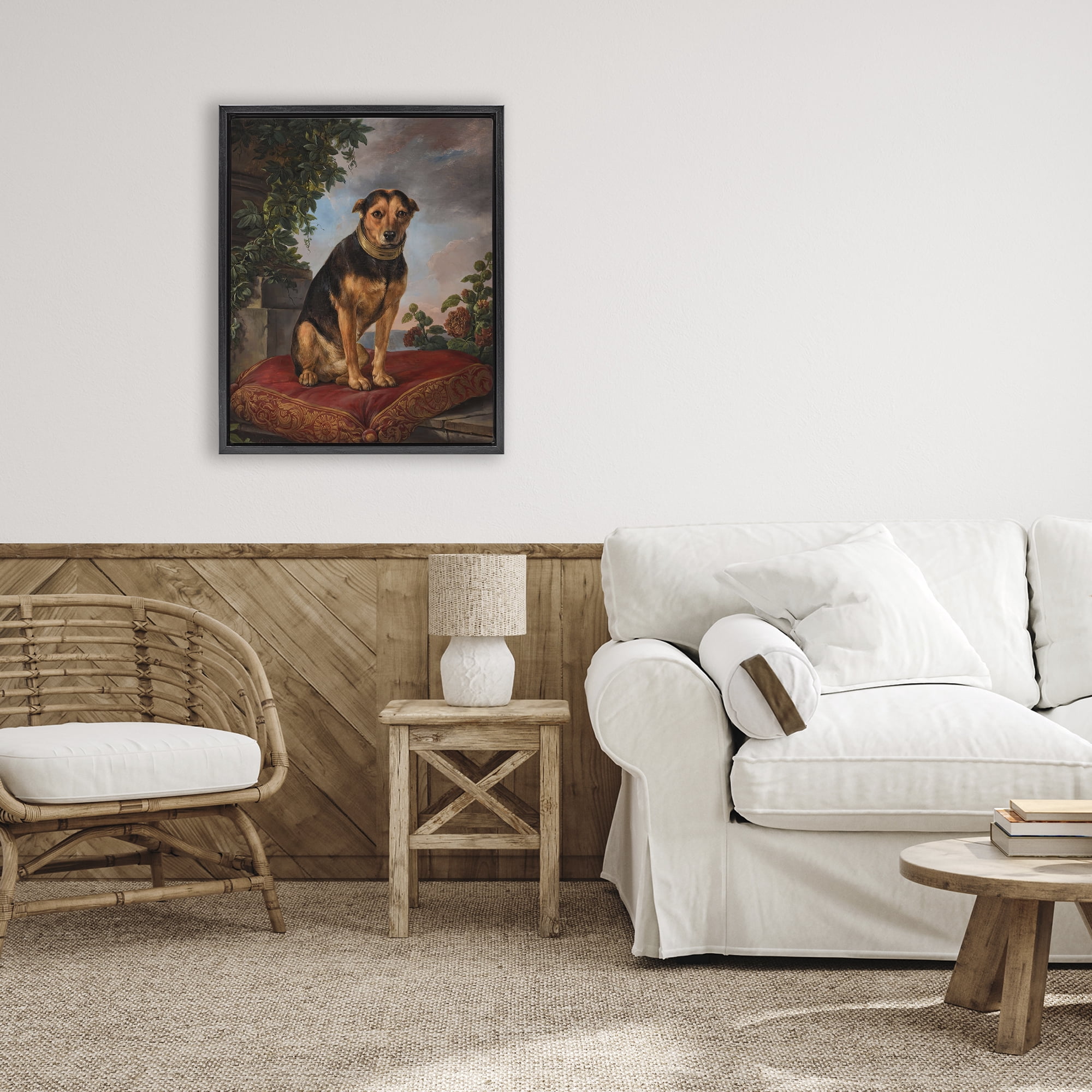 Stupell Industries Historical Dog on Cushion Black Framed Floater Canvas Wall Art, design by Lil' Rue