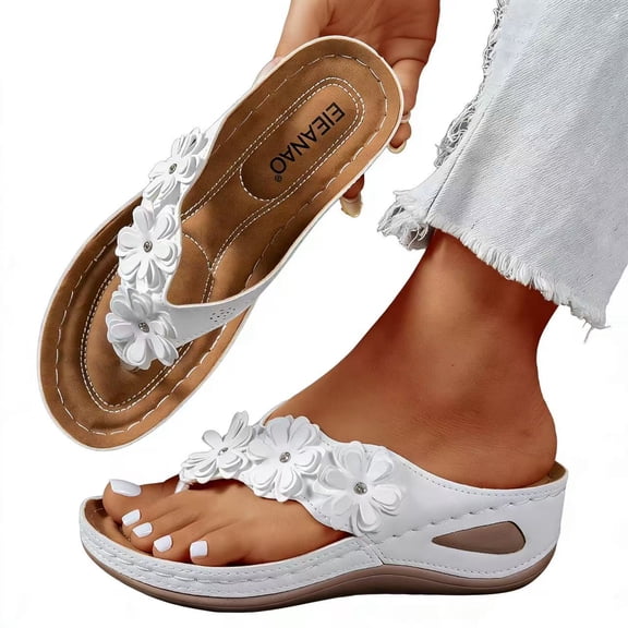 Women's Summer Casual Thick-Soled Floral Sandals - EIEANAO - White Size 8