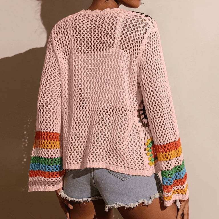 ZOELNIC Women's Floral Crochet Cardigan Hollow Out Open Front Long