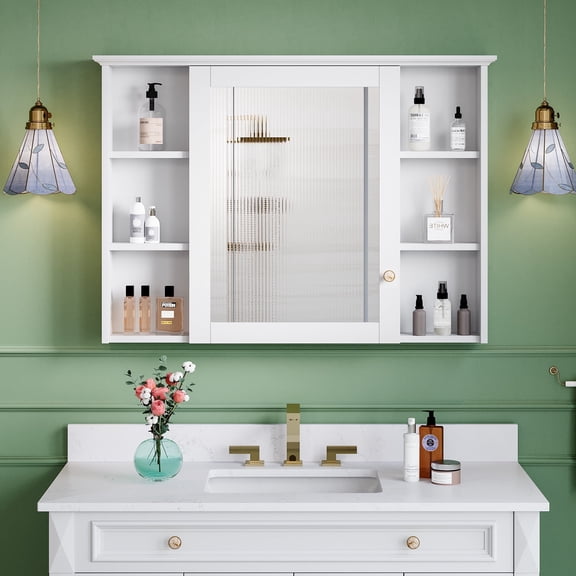 ANGELES HOME 42"x 30" Wall Mounted Mirrored Medicine Cabinet for Bathroom, 6 Tier Wood Mirror Cabinet Storage with 1 Soft-close Door, Bathroom Accessory, White