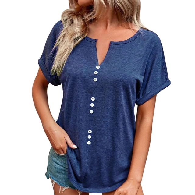 Bigersell Tunic Tops for Women Summer Solid Color V-Neck Button Tops Short Sleeve Lapel Shirt Regular Tunic Scoop Neck Short Sleeve Spring Tops Style B28125, Blue XXL