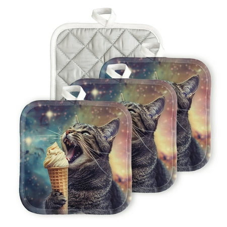 

BaHomeck Pot Holders 4pcs dacron Made Square heat-resisting mat Machine Washable for Kitchen Oven Hot Pads 6.7inch*6.7inch Cat Joyfully Eating Ice Cream Cone In Space