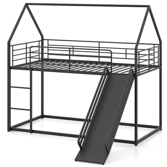 Spaco Twin over Twin Low Bunk Bed, House-Shaped Metal Frame, 20 Metal Slats (250LBS Capacity), 2-Step Ladder & Safety Guardrails, Black