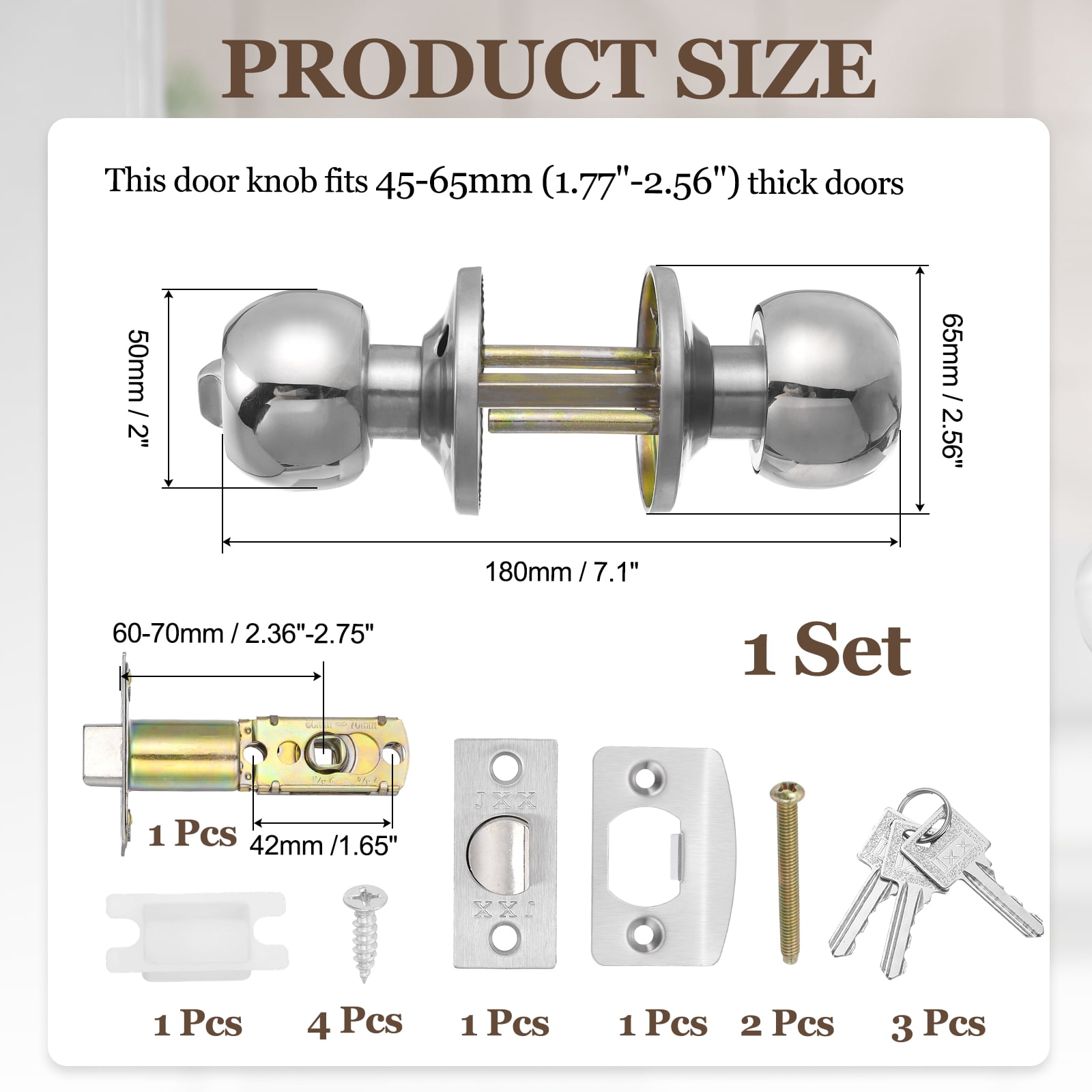 Door Knob with Lock and Key, Round Handles Keyed Exterior and Interior Lock with Screws, Fits 1.77"-2.56" Thickness for Front Door Entry Door, Silver Tone