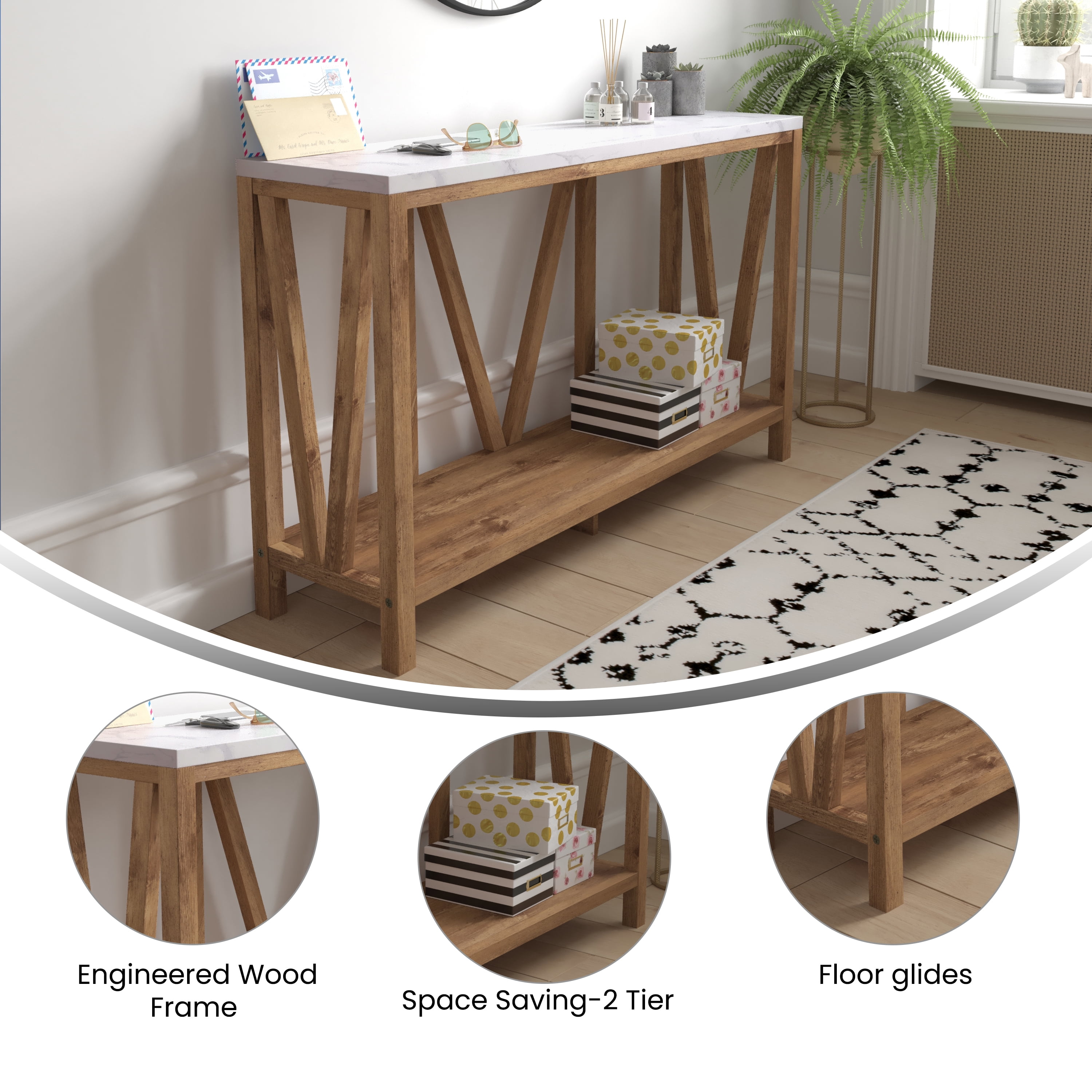 Emma + Oliver Modern Farmhouse Entryway Console Accent Table in Warm Oak with Faux Marble Finished Wood Top