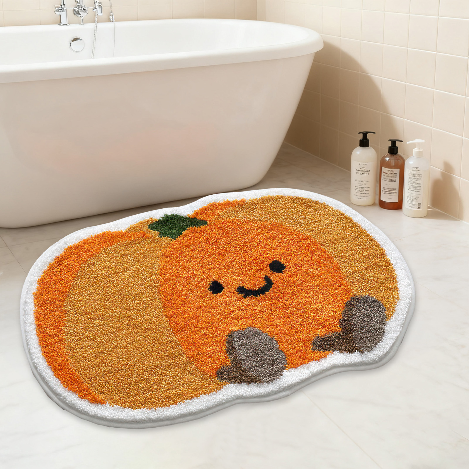 Sanmadrola Halloween Bath Rugs Mat Halloween Decoration Indoor Bath Mat Non Slip Bathroom Shower Rugs Pumpkin Shape Super Absorbent Machine Washable 24''x24''