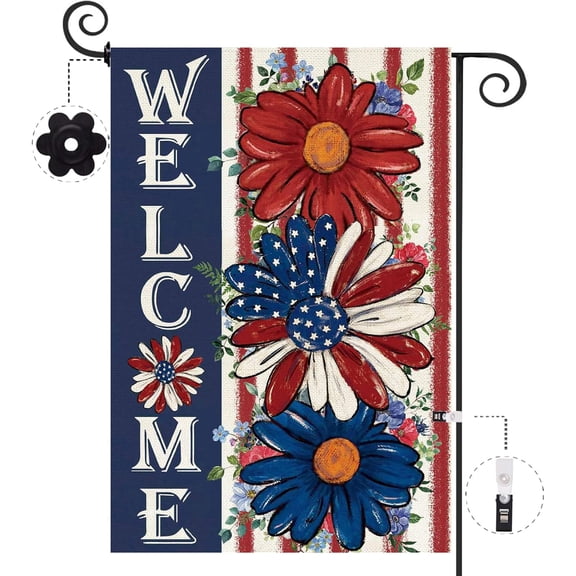 4th of July Patriotic Garden Flag 12.5x18 Inch Double Sided Burlap USA Memorial Day Stars Floral Daisy Independence Day Garden Flag Holiday Yard Outdoor Outside Decoration