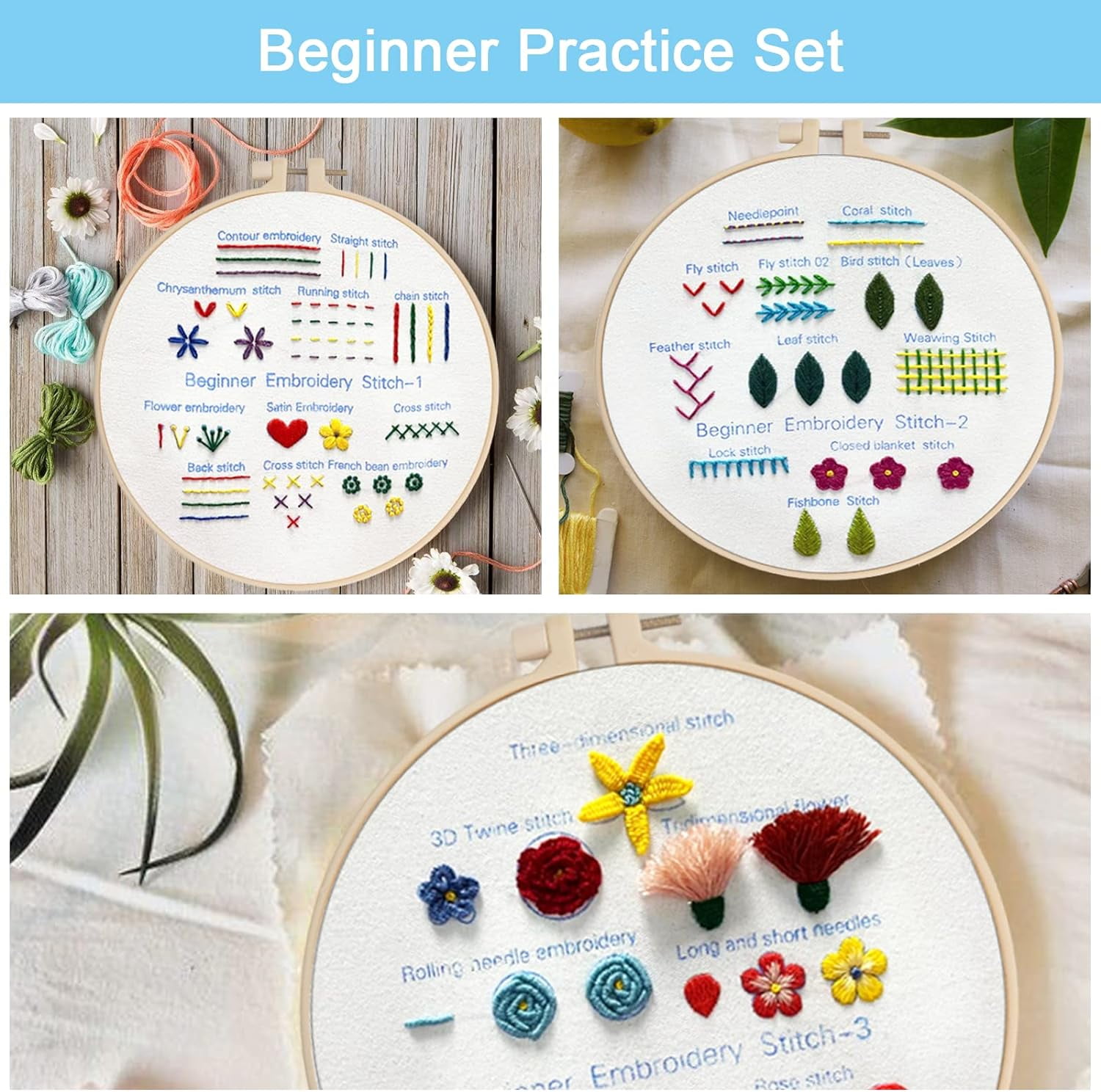 3 Sets Embroidery Kit Beginners Embroidery Stitch Practice Kit 3 Sets Hand Embroidery Starter Kit with 1 Hoop Learn 25 Different Stitches for Craft Lover Adult Stitch with Embroidery Skill Techniques