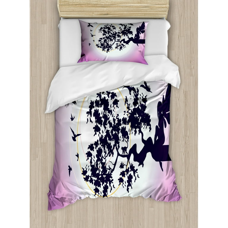 Anime Twin Size Duvet Cover Set, Fantasy Fairy Silhouette Sitting on the  Branch of Tree with Flying Birds, Decorative 2 Piece Bedding Set with 1  Pillow Sham, Dark Purple and Fuchsia, by