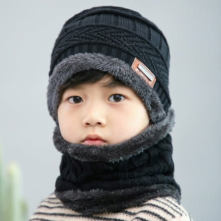 

Contrast Colors Knitted Warm Winter Hats For Kid Hat+Scarf Two Piece Set