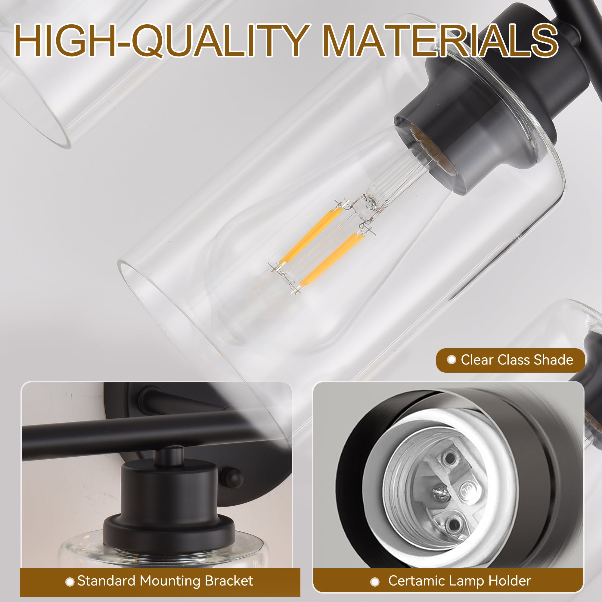5-Light Modern Vanity Light with Clear Glass Shade - Dimmable Bathroom Black Wall Lamp for Mirror, Kitchen, Hallway