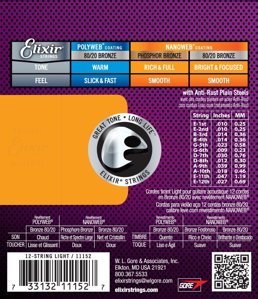 Elixir 11152-U Nanoweb 80-20 Bronze 12-String Light Acoustic Guitar Strings Set