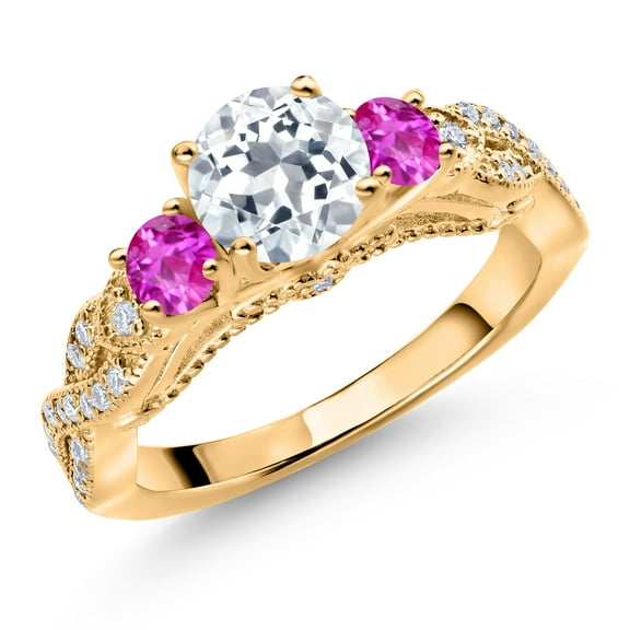Gem Stone King 18K Yellow Gold Plated Silver White Topaz Pink Sapphire and White Moissanite Engagement Ring for Women (1.43 Cttw, Gemstone November Birthstone, Round 6MM and 3MM, Size 6)