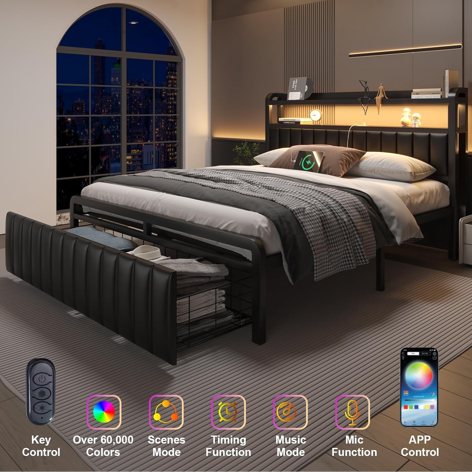 Full Size Bed Frame with Storage Drawer, LED Upholstered Platform Bed with Charging Station, Metal Slats, Black