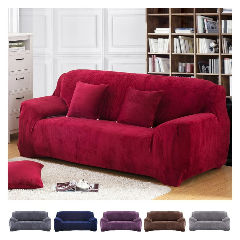 Velvet Sofa Cover 3 Seaters Plush Couch Cover Slipcover All Inclusive Protector Washable with Non Slip Straps Red