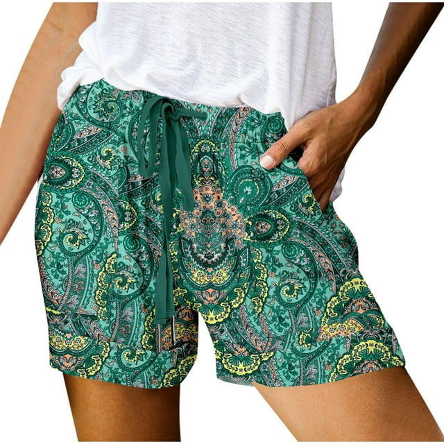 Plus Size Shorts for Women Elastic Waist Drawstring Pocket Print Casual Summer Bottoms