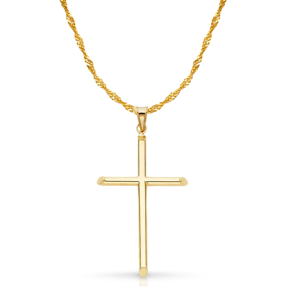 14K Yellow Gold Cross Charm Pendant with 1.8mm Singapore Chain Necklace 