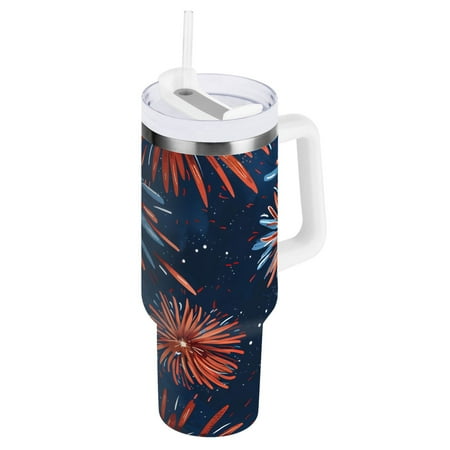 

Ryvnso 40 oz Tumbler with Handle and Straw Artistic Fireworks Insulated Stainless Steel Travel Mug with Lid