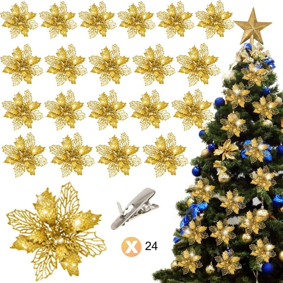 24PCS Christmas Poinsettia Flowers Ornaments Glitter Floral Accessories with Clips Xmas Tree Wreath Decorations for Party Home Wedding