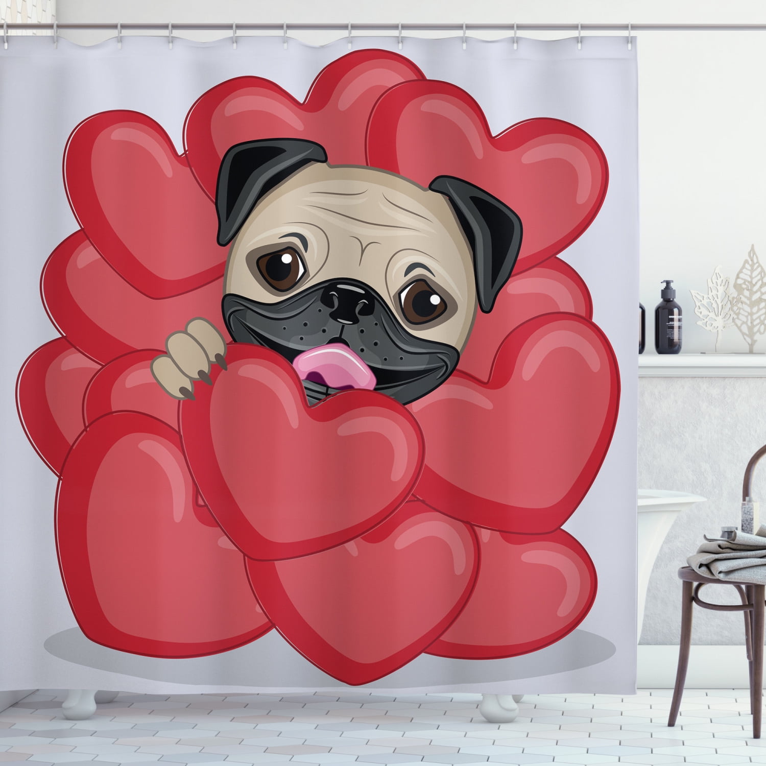 Pug Shower Curtain, Inspired Dog Drawing with Giant Hearts and Cute Hand Drawn, Fabric Bathroom with Hooks, 69W X 70L Inches, Red Black Pale Brown, Ambesonne - Walmart.com