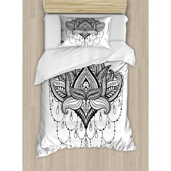 Henna Duvet Cover Set Twin Size, Ethnic Zentengle Tattoo Style Ornamental Lotus Flower Japanese Culture Inspired Art, Decorative 2 Piece Bedding Set with 1 Pillow Sham, Black White, by Ambesonne